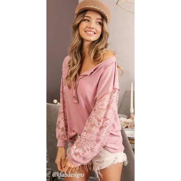 LAST! Button Henley Style Dusty Rose Floral Lace Sleeve Top! - Picture 3 of 13